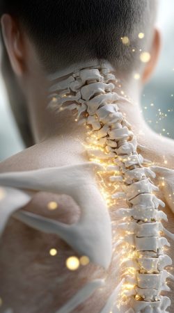 A close-up view showcases the human spine, revealing its complex vertebrae. Glowing effects illuminate the spine, enhancing its beauty. The soft, blurred background creates a serene atmosphere.